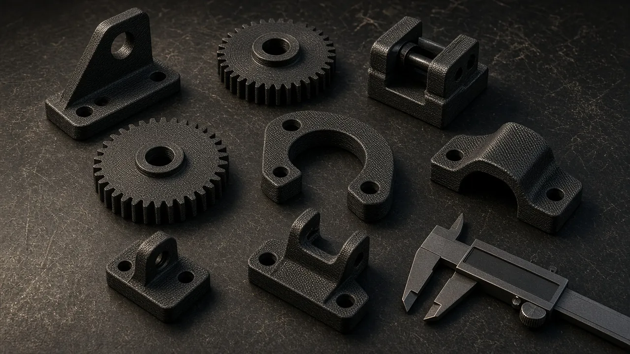 Annealed PPS-CF and PA-CF 3D printed brackets and gears on a workbench with calipers