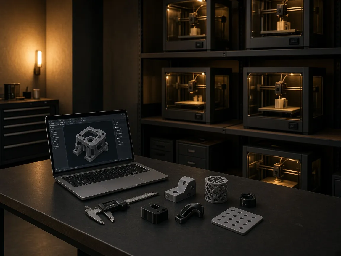 Engineering 3D printing workshop in Milton Keynes with enclosed printers, CAD laptop and finished parts