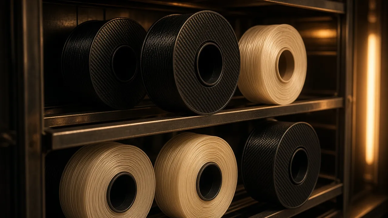Carbon-fibre and nylon filament spools drying in an industrial oven before printing