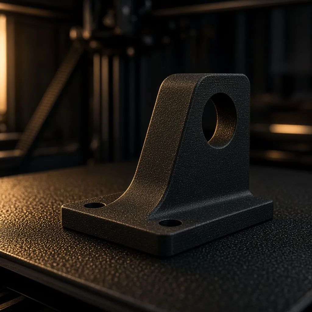 Carbon-fibre nylon (PA-CF) engineering bracket freshly 3D printed on the build plate of an enclosed FDM printer